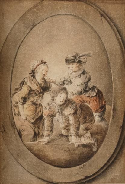 Attribué à Jean-Pierre NORBLIN DE LA GOURDAINE (1745-1830)
Trois personnages dans un œil de bœuf
Aquarelle.
(Usures).
18 x 13 cm
