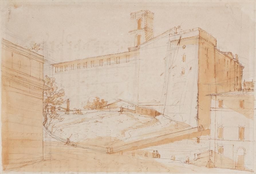 Jean-Victor NICOLLE (1754-1826)
Vue du Capitole
Plume, encre brune et lavis de sépia sur traits de crayon noir.
(Texte au verso transparaissant).
22 x 31.9 cm