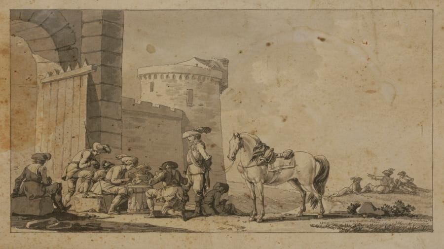 Jean DUPLESSIS-BERTAUX (1767-1818)
Partie de cartes en plein air au pied d’un fort
Plume et encre noire, lavis gris.
(Traces de mouillures, rousseurs, angle supérieur droit restauré et petites pliures).
17.5 x 27.5 cm

On connait une autre version de ce dessin, dans des dimensions différentes, (voir : vente anonyme, Mes Couturier Nicolay, Paris, Hôtel Drouot, le 14 juin 1995, lot n°2, rep. fig.a.)