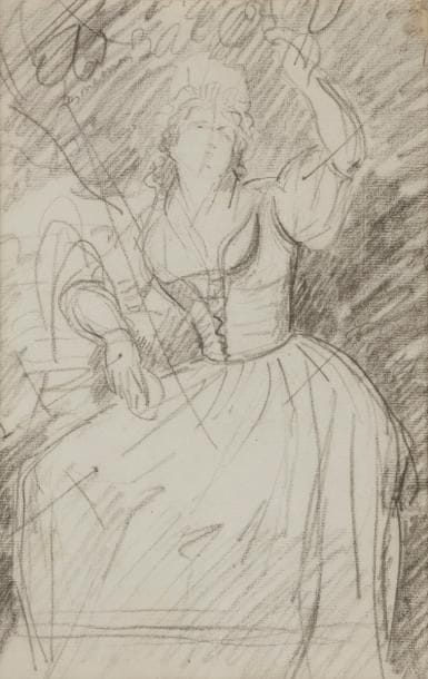 Attribué à Henri-Pierre DANLOUX
(1753-1809)
Jeune femme assise dans un jardin
Pierre noire.
23 x 15 cm