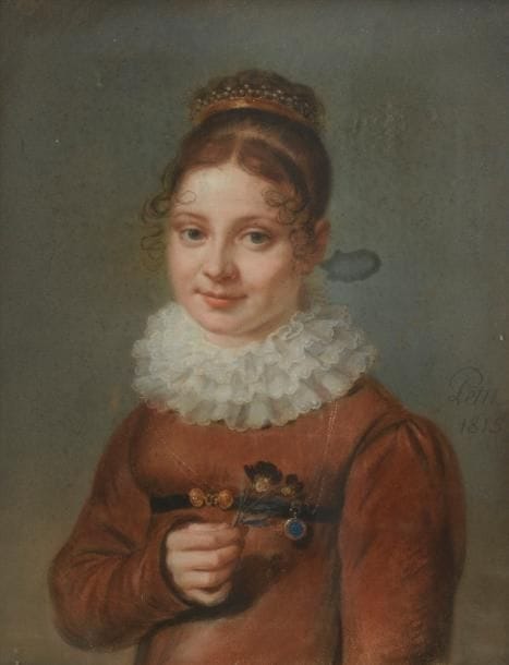 Claude François Henry PETIT DE VILLENEUVE (1764–1824)
Portrait de jeune fille tenant deux pensées dans la main droite, 1815
Pastel sur papier marouflé sur toile.
Signé et daté au milieu à droite «Petit 1815».
(Une mouillure, et trois petits enfoncements et légers déplacages sur le fond).
40 x 32 cm