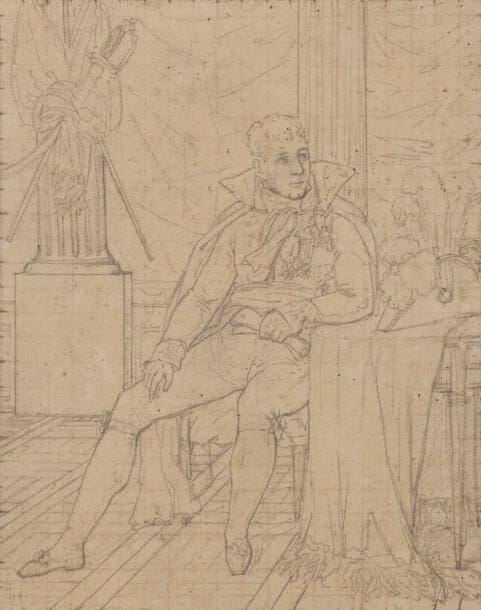 Atelier de François GéRARD (1770-1837)
Portrait présumé de Louis Bonaparte
Crayon noir, mise au carreau à la sanguine.
(Doublé, déchirure restaurée en bas à droite, légèrement insolé).
17 x 13.5 cm