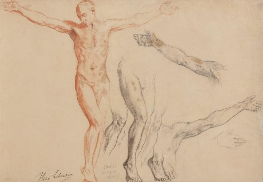 Henri LEHMANN (1814-1882)
Étude pour un crucifié, 1866
Sanguine crayon noir et craie blanche.
Cachet d’atelier en bas à gauche.
Annoté «Palais de Justice» en bas à gauche.
(Mauvais état, restaurations et gouache postérieure).
30.6 x 46 cm