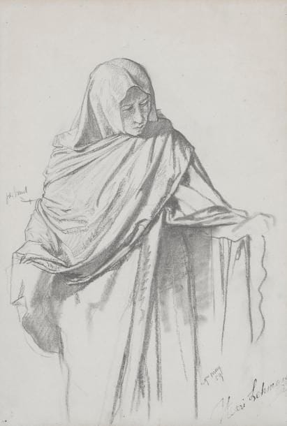 Henri LEHMANN (1814-1882)
Étude de femme encapuchonnée, 1859
Crayon noir et estompe.
Porte le cachet d’atelier en bas à droite.
Daté en bas à droite.
(Tâche en bas à gauche et trous en haut).
30 x 20.5 cm
Exposition : 
Henri Lehmann, Paris, Galerie De Bayser, 1983, n°62.
Bibliographie : 
- MM. Aubrun, 1983, page 120.
-Galerie De Bayser, Henri Lehmann, Catalogue raisonné, 1984, n°D904, reproduit.
Ce dessin est une étude pour le personnage à l’extrême droite du registre inférieur Fiat voluntas tua sicut in caelo et in terra, église Sainte Clotilde, Paris.
