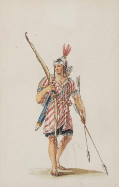 Attribué à Louis-René BOCQUET (1707-1814)
Soldat indien pour l’Opéra d’Alexandre aux Indes
Aquarelle, plume et encre noire.
(Pliures dans le haut et salissures).
26.5 x 17 cm

Alexandre aux Indes, opéra de Nicolas Jean Lefroid de Méreaux, est créé le 26 aout 1783 à l’Académie Royale de Musique.