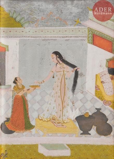 Jeune femme à sa toilette, Rajasthan, dans le style de Bundi
Gouache sur papier à marges rouges. La jeune femme, vêtue d’un voilage transparent, debout sur un tabouret dans une cour intérieure, prend un collier tenu par une servante. 
Dim. page : 27 x 21, 3 cm
A young lady at her toilet, Rajasthan, Bundi style