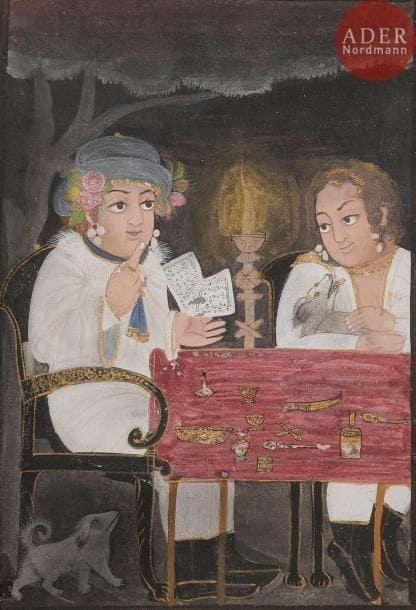 Deux femmes vêtues à l’européenne, Rajasthan, XIXe siècle
Deux jeunes femmes vêtues de blanc sont assises autour d’une table où sont posés des coupes, un flacon et des ciseaux. L’une lit un texte tandis que la deuxième l’écoute, un chien dans ses bras. Scène nocturne. Gouache sur papier à marges rouges.
Dim. à vue : 19 x 12,8 cm ; dim. avec cadre : 29 x 22,5 cm
Two women dressed in the European style, Rajasthan, 19th century 
