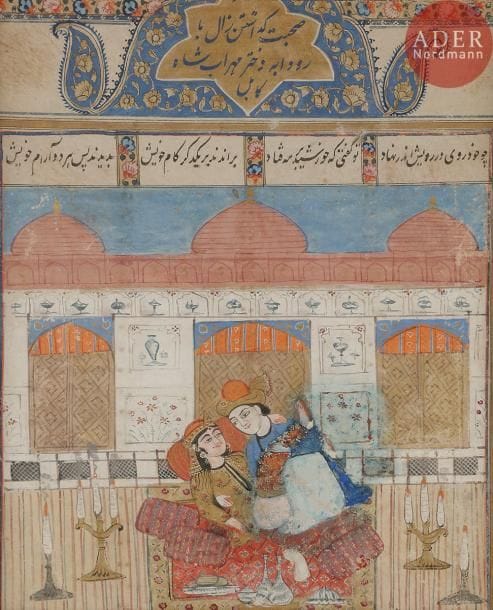 Rencontre entre Roudabeh, fille de Mehrab Shah, et Zal, Cachemire, XVIIIe siècle 
Gouache polychrome et or, sur papier, illustrant un épisode d’un Shahnameh de Firdawsi. Couple enlacé à l’intérieur d’un palais. Texte à l’encre noire sur quatre colonnes, surmonté d’un unwân donnant le titre inscrit en bleu sur fond or. 
Dim. cadre : 25 x 22 cm ; dim. page : 15 x 17 cm
État : marges coupées, éclats, restaurations, ancienne étiquette au dos.
An illustration from a Shahnameh, depicting meeting between Roudabeh, daughter of Mehrab Shah, and Zal, Kashmir, 18th century.