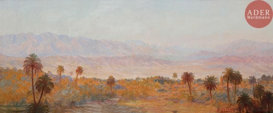 José ORTEGA (1877-1955)
Oasis en Afrique du Nord
Huile sur toile.
Signée en bas à droite (restauration).
33 x 77 cm