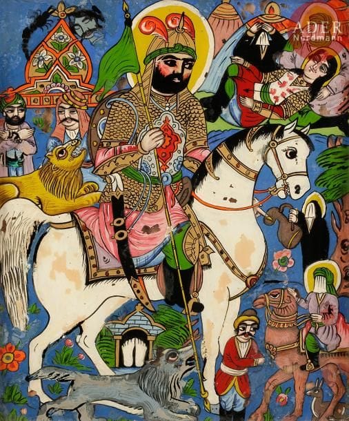 La peinture sous verre fait partie de l’art traditionnel importé en Iran au XVIIe siècle. On ignore la date précise, mais on estime que cette technique aurait été introduite dans le sud de l’Iran par des commerçants iraniens. Les œuvres sont divisées en deux groupes : les peintures religieuses et les peintures décoratives. Dans les années 1950, on voit l’apparition d’un nouveau type de peinture, dont les dessins empruntés au style ghahveh khaneh ou peinture de café. 

Voir pour plus d’information : 
- F. Salahshour « Shenakht-e naghashi-e posht-e shosheh / Connaissance de la peinture sous verre », La Revue de l’Assemblée des peintres iraniens, n°10, 1385 H.S (206) ; 
- Südpersische hinterglas malerei / peintures sous verre de l’Iran méridional, Goethe Institut Teheran, 13 janvier 1972 ; 
- L. Kleiber, Expression populaire et dévotion shi’ite, in « Revue des Musée de France, Revue du Louvre », 4 octobre 2006, p. 64-71; 
- H.Seyf, Eglomisse, Painting of the back of the glass, Téhéran, 1993. 

Histoire de la Karbala, première moitié du XXe siècle 
Peinture sous verre encadrée racontant l’histoire de la Karbala. Composition axée sur Abbas, frère de Hossein, monté sur un cheval blanc, passant à droite, tenant le drapeau de l’armée. Il apporte au camp des outres d’eau, accompagné de deux lions, symbole de bravoure. D’autres épisodes l’entourent : en haut à gauche, décapitation publique à Koufa, de Muslim ibn Aqil, cousin de Hossein ; à droite, mort d’Ali Akbar dans les bras de son père Hossein ; en bas à droite, Hossein auréolé monté sur un dromadaire arrivé à Karbala. Au centre sous le cheval, empreinte d’Hossein. 
Dim. cadre : 49,5 x 39,5 cm 
État : manques, taches, craquelures.
A glass painting depicting the story of Karbala, first half of 20th century. 