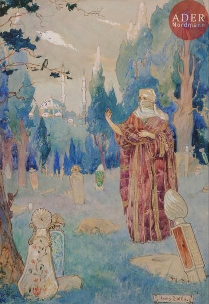Louis BAILLY (1905-?)
Turquie, femme dans un cimetière
Aquarelle sur traits de crayon.
Signée et dédicacée en bas à droite.
29 x 20 cm