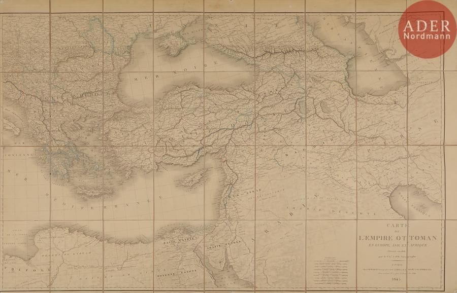Chevalier LAPIE
Carte de l’Empire ottoman en Europe, Asie et Afrique, Dressée en 1816 par le Ch.er Lapie, géographe du roi, A Paris, chez Ch. Picquet Géographe Ord.re du ROI et de S.A.R. M.gr le Duc d’ORLÉANS, 1845.
Dim. : 111 x 77,5 cm
Le Chevalier Pierre Lapie (1777-1850) fut 1er géographe du roi. 
