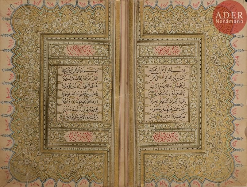 Petit Coran ottoman, signé Seyyed al-Haj Mahmoud al-Niari et daté 1267 H. / 1850
Manuscrit complet en arabe sur papier, à tranche dorée fleurie, en écriture naskhi de quinze lignes par page à l’encre noire et rehauts rouges. Texte orné de petits cercles dorés en fin de versets et accompagné dans les marges de mandorles, de médaillons ou de vases fleuris polychromes et piquetés or marquant les juz et les hizb. Les titres de sourates sont inscrits à l’encre rouge dans des bandeaux dorés à écoinçons fleuris. Beau frontispice en double page richement composé de deux unwân et cartouches verticaux encadrant le texte en réserve sur fond piqueté or bordé d’une frise polylobée agrémentée de fleurettes. Le colophon inscrit dans une mandorle sur un fond doré fleuri donne: « Seyyed al-Haj Mahmoud al-Niari et daté 1267 H. / 1850 ». Reliure cartonnée à rabat en cuir brun peint aux deux ors d’un motif rayonnant dans une mandorle polylobée à palmettes et à écoinçons.
Dim. reliure : 13 x 10 cm
État : salissures, petite déchirure sur le coin en bas du deuxième folio.

A small Ottoman Qur’an, signed Seyyed al-Haj Mahmoud al-Niari and dated 1267 H. / 1850
