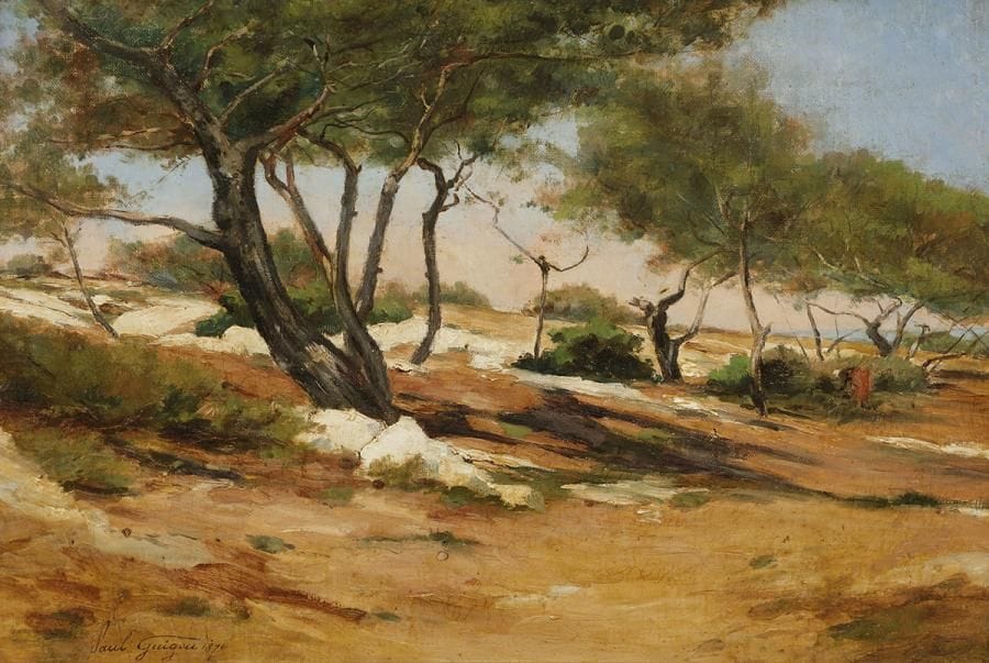 Paul Camille GUIGOU (1834-1871)
Paysage méditerranéen, 1871
Huile toile contrecollée sur panneau d’acajou.
Signée et datée en bas à gauche.
26,5 x 40 cm