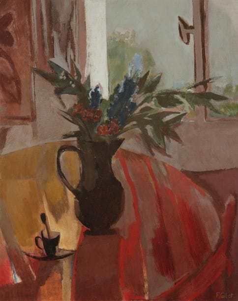 Françoise GILOT (née en 1921)
Le Tapis rouge, 1957
Huile sur toile.
Signée en bas à droite.
Signée, datée et titrée au dos sur la châssis.
81 x 65 cm