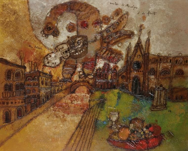 Théo TOBIASSE (1927-2012)
Venise de musique et de fruits, 1974
Huile sur toile.
Signée, datée et titrée dans la composition.
81 x 100 cm