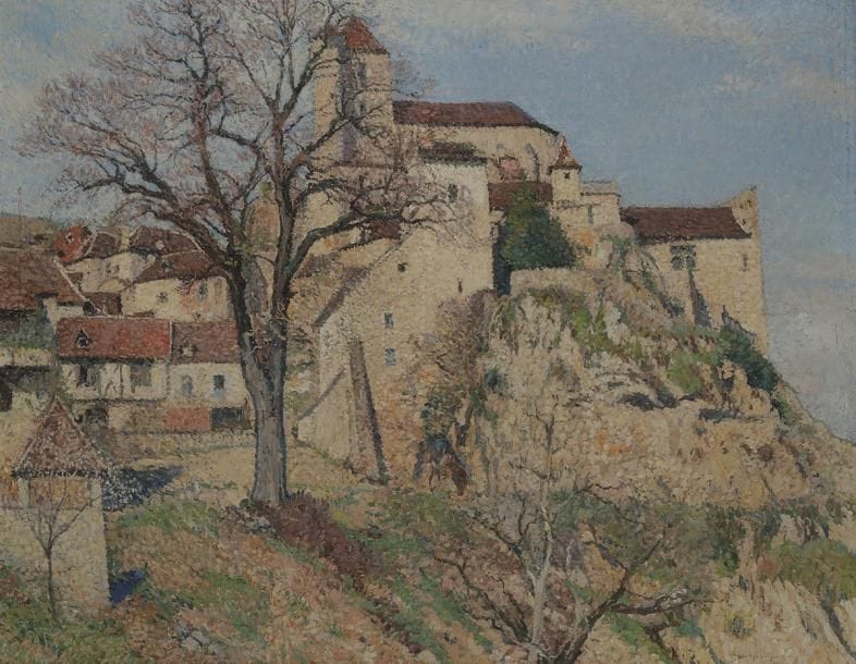 Henri MARTIN (1860-1943)
Saint-Cirq-Lapopie, vers 1920
Huile sur toile.
Signée en bas à droite.
86 x 108 cm

Provenance :
- Ancienne collection de Monsieur X, Valence d’Agen, acquis directement auprès de l’artiste en 1943.
- Par descendance.


Un certificat d’authenticité de Cyrille Martin et une attestation d’insertion au Catalogue Raisonné en préparation par Marie-Anne Destrebecq-Martin seront remis à l’acquéreur.

à partir de 1920, Henri Martin choisit d’habiter quelques semaines par an à Saint-Cirq-Lapopie, village médiéval perché surplombant un méandre du Lot. La construction pyramidale est une constante des compositions de Saint-Cirq. « Martin sait parfaitement disposer les plans successifs ; du premier plan avec quelques branchages en fleurs jusqu’à l’église solitaire, la perspective montante s’élève sans effort apparent en une poussée solide et logique (...) » (Claude Juskiewenski, Henri Martin paysagiste et décorateur Languedocien, Thèse de IIIe cycle, Université Toulouse – Le Mirail, Sous la direction de Mr le Professeur Guinard, 1974, p. 162.)