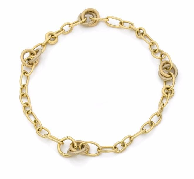 POMELLATO.
Collier deux ors 18K (750 ‰), articulé d’anneaux ronds et ovales. Signé. 
Longueur : 43 cm environ.
Poids : 98,8 g