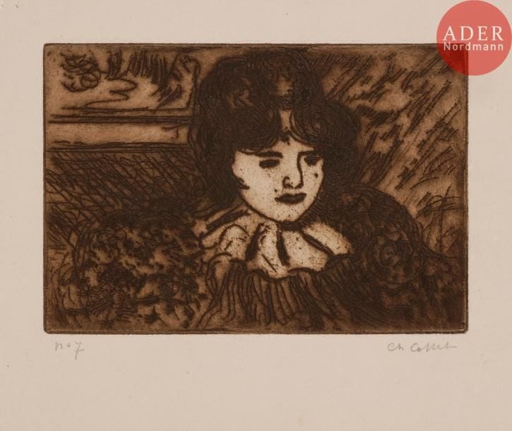 Charles COTTET
Femme à la collerette. Eau-forte. 112 x 165. Morane 33. Réunion d’une épreuve sur vergé crème, tirée à l’effet en brun, numérotée et signée au crayon, et d’une épreuve sur vélin blanc, tirée « sèche » en noir et signée au crayon. Quelques rares rousseurs claires. Toutes marges. Ens. 2 p.