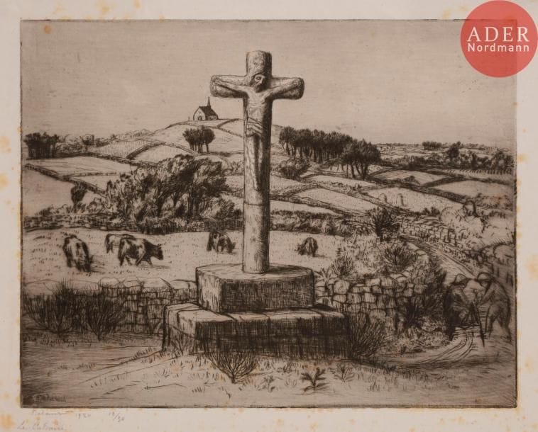 Jean FRÉLAUT
 Île Droenec. 1913 ; La Route au milieu des pins ; Le Calvaire breton. 1920. Eau-forte. 90 x 250, 99 x 250 et 210 x 267. Delteil 146, 190 et 196. Belles épreuves, les deux premières sur vélin mince, la dernière sur chine volant, avec rousseurs éparses, toutes signées et annotées au crayon. Toutes marges. Tirage à 15 ou 30 épreuves. Ens. 3 p.