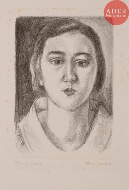 Henri MATISSE
Jeune fille au col d’organdi. 1923. Lithographie. 201 x 149. Duthuit-Garnaud 428. Belle épreuve sur chine volant, l’une des 10 épreuves d’artiste, numérotée, justifiée et signée au crayon, l’indentation de la pierre très visible. Innombrables rousseurs claires. Petite trace d’empoussiérage à l’ouverture d’un ancien montage. Toutes marges. Tirage total à 64 épreuves.