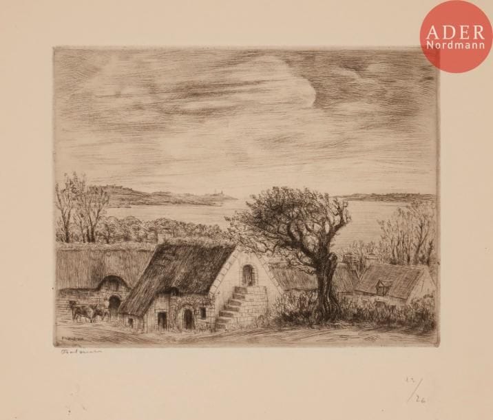 Jean FRÉLAUT
 Villages. Suite de quatorze eaux-fortes de Jean Frélaut. Paris, aux dépens des Cinq-Vingt, 1934. Un vol. grand in-4 contenant 14 gravures à la pointe sèche (et non à l’eau-forte comme annoncé). Frélaut 384 à 397. Très belles épreuves sur vélin crème, signées et numérotées au crayon, puis titrées en pied, montées sous passe-partout. Double chemise imprimée, cartonnage et emboîtage orange (légèrement défraîchis). Ex. nominatif (pour M. Daragnès), signé par l’artiste, d’un tirage à 26. Rare.