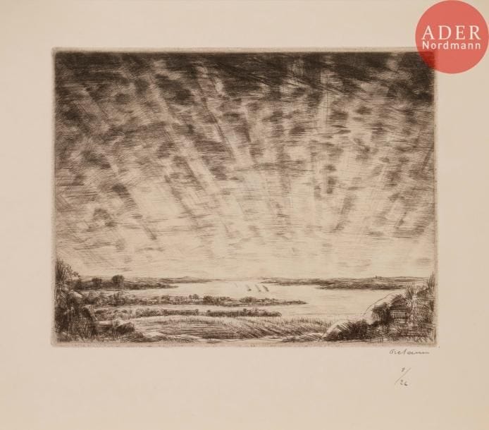 Jean FRÉLAUT
 Ombre et lumière. Suite de quatorze eaux-fortes de Jean Frélaut. Paris, aux dépens des Cinq-Vingt, 1935. Un vol. grand in-4 contenant 14 gravures à la pointe sèche (et non à l’eau-forte comme annoncé). Frélaut 404 à 417. Très belles épreuves sur vélin crème, signées et numérotées au crayon, montées sous passe-partout. Double chemise imprimée, cartonnage et emboîtage orange (légèrement défraîchis). Ex. nominatif, signé par l’artiste, d’un tirage à 26. Rare.