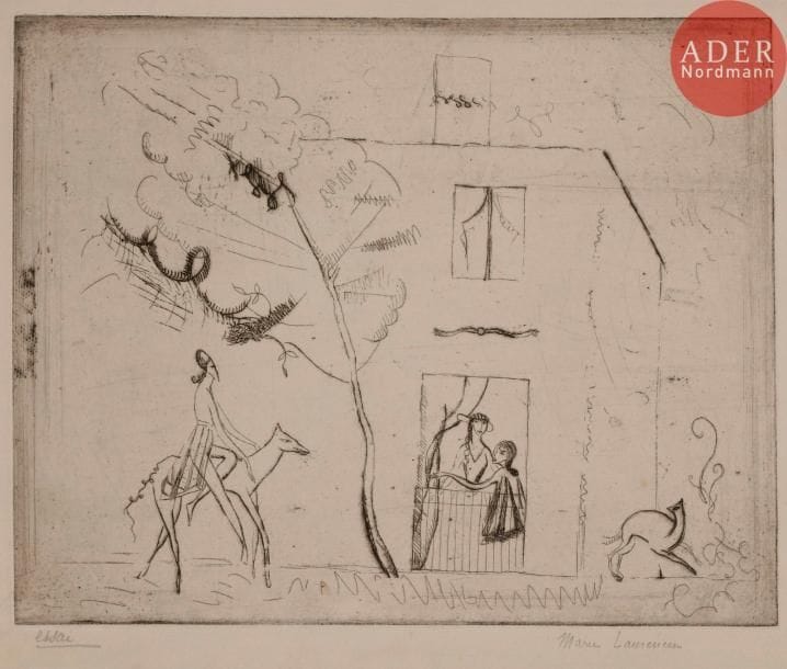 Marie LAURENCIN
 Le Prince charmant. 1913. Eau-forte. 195 x 245. Marchesseau 29. Belle épreuve sur vergé, annotée « essai » et signée au crayon. Léger empoussiérage et rousseurs claires. Traces de colle aux bords du feuillet au verso. Toutes marges. Tirage définitif à 25 épreuves.