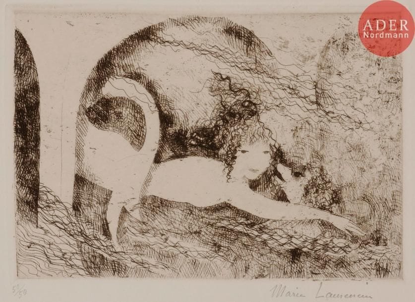 Marie LAURENCIN
 La Sirène. 1922. Eau-forte. 125 x 175. Marchesseau 56. Très belles épreuves sur vélin, l’une du 1er état (sur 2), avant de nouveaux travaux, signée par l’artiste et annotée en pied de la main de J.-É. Laboureur, le tireur, la 2e de l’état définitif, numérotée et signée au crayon. Toutes marges. Tirage à 50 épreuves. Ens. 2 p.