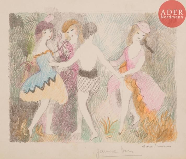 Marie LAURENCIN
 La Ronde. (Pl. pour La Vie de château). Les Quatre Chemins éd. 1926. Lithographie. 190 x 232. Marchesseau 101. Exceptionnelle réunion de 7 épreuves sur différents papiers, 3 tirées de la pierre-clé largement rehaussées aux crayons de couleurs, 4 imprimées en couleurs dont une en épreuve d’essai avant effaçage des croix de pointure, toutes signées au crayon, certaines en outre justifiées ou annotées. Menues salissures aux bords de certains feuillets. Toutes marges. Tirage définitif à 110 épreuves.