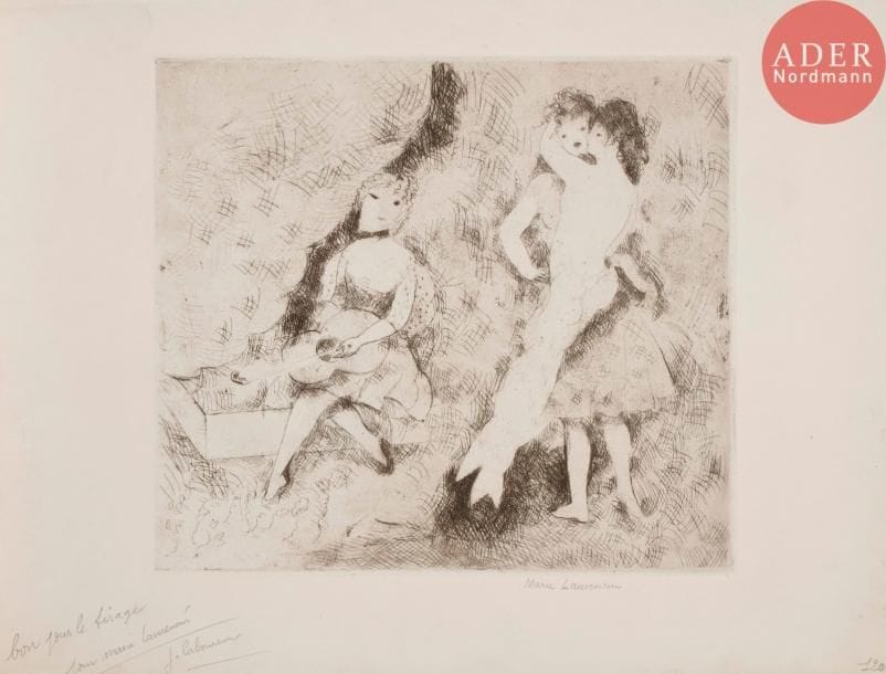 Marie LAURENCIN
 Le Bal. 1927. Eau-forte. 238 x 268. Marchesseau 127. Réunion de 2 très belles épreuves, respectivement sur vélin et sur japon, signées au crayon, la 1re annotée par le tireur en pied : « bon pour le tirage / pour Marie Laurencin / J. Laboureur ». Infimes salissures aux bords d’un des feuillets. Toutes marges. Tirage définitif à 80 épreuves.