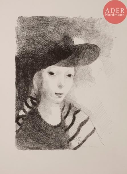 Marie LAURENCIN
 Portrait de l’artiste. 1927. Lithographie. 370 x 280. Marchesseau 130. Parfaite épreuve sur vélin blanc fort, signée au crayon, annotée en pied par H. M. Petiet. Toutes marges. Tirage total à 100 épreuves.