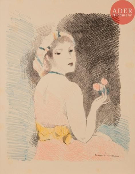 Marie LAURENCIN
 Rose ou La Femme d’un amour. 1930. Lithographie. 362 x 300. Marchesseau 149. Impression en couleurs. Très belle épreuve sur japon, signée au crayon. Quelques rousseurs claires éparses. Toutes marges. Tirage total à 130 épreuves.
