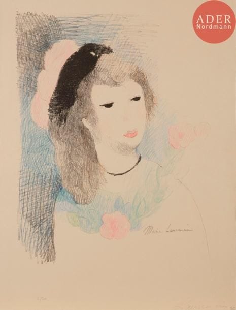 Marie LAURENCIN
 Alice et le fiasco. 1930. Lithographie. 370 x 282. Marchesseau 150. Très belle épreuve tirée en couleurs sur japon, signée au crayon. Rousseurs claires éparses. Toutes marges. Tirage total à 130 épreuves. Joint : 4 épreuves de la pierre-clé tirée en noir, une sur vélin blanc, 3 sur japon, largement rehaussées aux crayons de couleurs, toutes signées au crayon, certaines à deux reprises, 3 numérotées, d’un tirage à 30 épreuves. Toutes marges. Ens. 5 p.