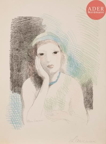 Marie LAURENCIN
 Rêverie de Marie. 1930. Lithographie. 350 x 285. Marchesseau 152. Impression en couleurs. Réunion de 2 très belles épreuves sur japon et sur vélin blanc, signées au crayon (une à deux reprises). Quelques rares rousseurs claires. Trace de signature lithographiée inversée (décharge d’une autre épreuve) à une pl. en pied à droite. Toutes marges. Tirage total à 130 épreuves.