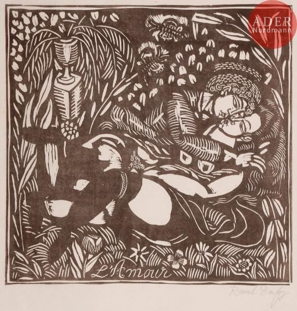 Raoul DUFY
 L’Amour. 1910-1911. Bois gravé. 307 x 313. Pernoud, L’Estampe des Fauves, p. 88. Très belle épreuve sur japon, signée au crayon puis numérotée dans l’angle inférieur droit. Rousseurs claires, empoussiérage, traces de plis (certains cassés) et de frottement aux bords du feuillet. Toutes marges. Tirage à 100 épreuves.