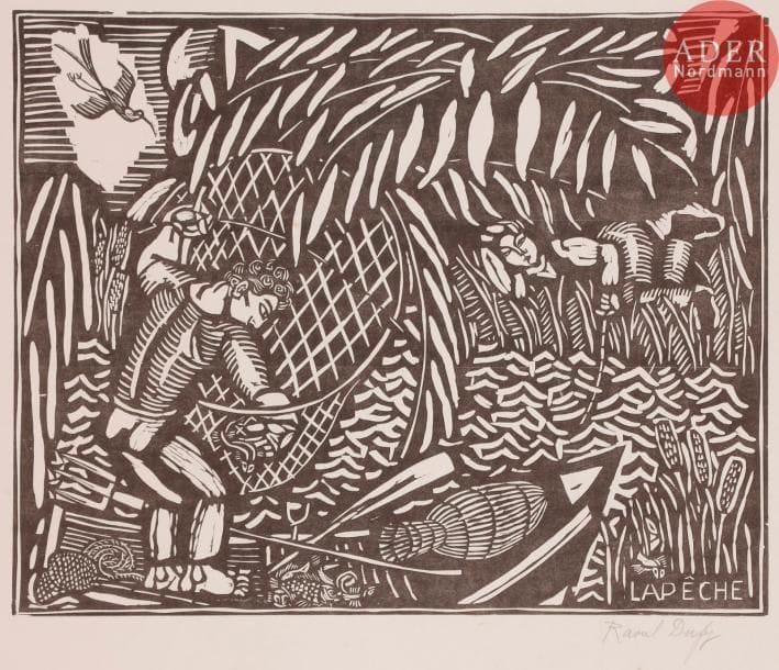 Raoul DUFY
 La Pêche. 1910-1911. Bois gravé. 322 x 402. Pernoud, L’Estampe des Fauves, p. 88. Très belle épreuve sur japon, signée au crayon puis numérotée dans l’angle inférieur droit. Rousseurs claires, empoussiérage, traces de plis (certains cassés) et de frottement aux bords du feuillet. Toutes marges. Tirage à 100 épreuves.