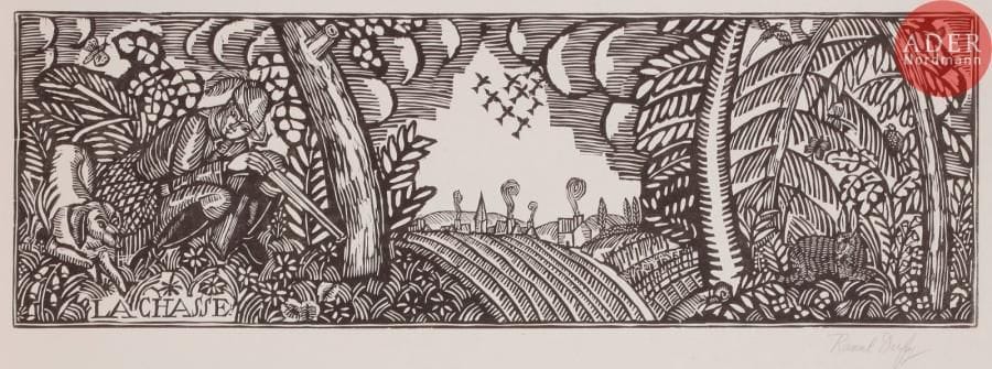 Raoul DUFY
 La Chasse. 1910-1911. Bois gravé. 322 x 402. Pernoud, L’Estampe des Fauves, p. 88. Très belle épreuve sur chine volant, signée au crayon puis numérotée dans l’angle inférieur droit. Fine trace d’empoussiérage, menus accidents aux bords du feuillet et courte déchirure au bord droit. Toutes marges. Tirage à 100 épreuves.
