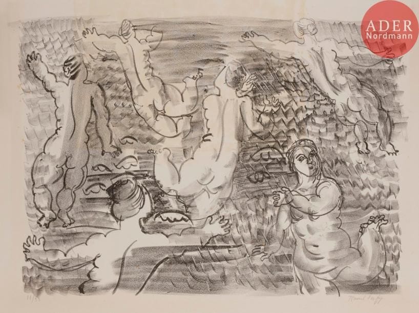 Raoul DUFY
 Les Ondines, ou Six baigneuses. (Pl. pour l’album La Mer). 1925. Lithographie. 345 x 490. Très belle épreuve sur vélin blanc fort, numérotée et signée au crayon. Forte trace d’oxydation et rousseurs claires en travers du sujet. Léger empoussiérage aux bords du feuillet. Toutes marges. Tirage à 33 épreuves.