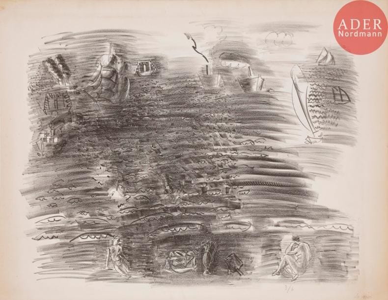 Raoul DUFY
 La Mer. Vers 1925. Lithographie. 510 x 640. Très belle épreuve sur vélin fort, numérotée au crayon, non signée. Oxydation aux bords du feuillet. Toutes marges.