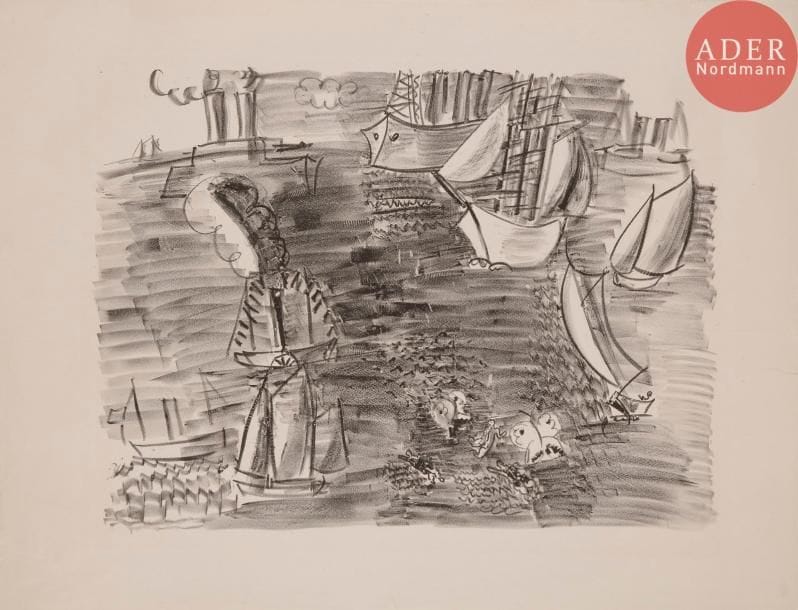 Raoul DUFY
 Marine aux papillons. Vers 1921. Lithographie. 380 x 510. Belle épreuve sur chine volant. Une longue déchirure dans l’angle inférieur gauche du feuillet, restaurée au verso, sans atteinte au sujet. Toutes marges.