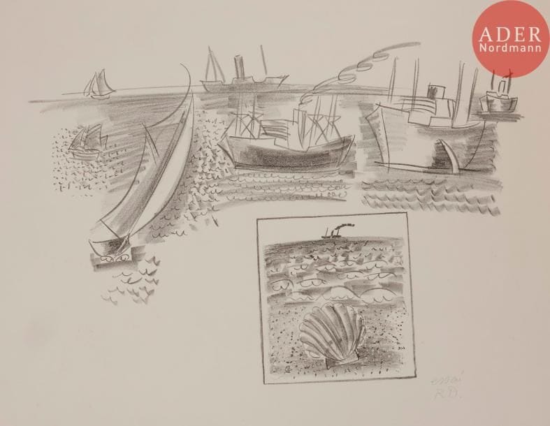 Raoul DUFY
 Voilier et vapeurs ; ornement au coquillage. Vers 1925. Lithographie. 330 x 485. Très belle épreuve sur vélin blanc fort, annotée « essai » et signée du monogramme au crayon. Très rare (essai vraisemblablement non retenu pour l’album La Mer).