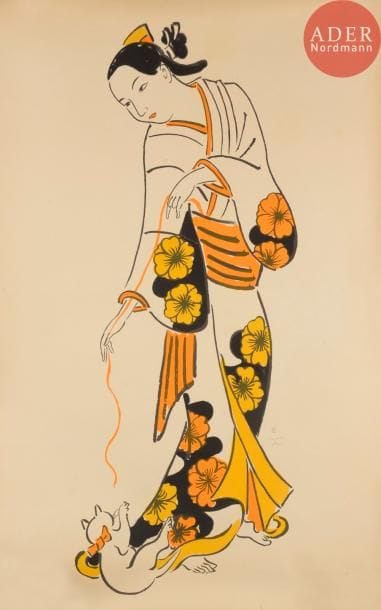 Léonard-Tsuguharu FOUJITA
 Geisha jouant avec un chaton. 1926. Lithographie. 1050 x 660. Buisson 26.99. Impression en couleurs. Très belle épreuve sur vélin, numérotée et signée au crayon. Plusieurs traces de plis, certains cassés. Toutes marges. Tirage à 200 épreuves.
