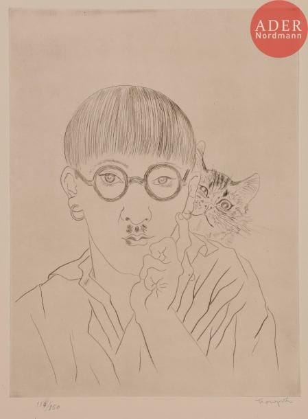 Léonard-Tsuguharu FOUJITA
 Autoportrait, le chat sur l’épaule. 1927. Pointe sèche. 330 x 247. Buisson 27-02. Très belle épreuve sur vélin crème fort, numérotée et signée au crayon. Infimes points d’encre essentiellement dans les marges. Petit frottement sur la numérotation. Toutes marges. Tirage à 150 épreuves. Timbre sec : Le Chien de Pique (Lugt non décrit).
