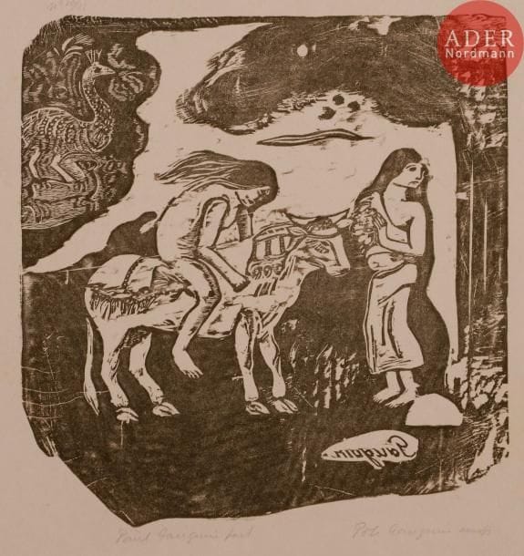 Paul GAUGUIN
 L’Enlèvement d’Europe. 1898-1899. Bois gravé. 245 x 230. Guérin 65 ; Mongan, Kornfeld et Joachim 47. Très belle et fraîche épreuve sur japon, du tirage à 25 épreuves effectué par Pola Gauguin en 1928, annotée au crayon « Paul Gauguin fait » puis « Pola Gauguin imp », et numérotée en tête à gauche. Infimes rousseurs. Toutes marges.