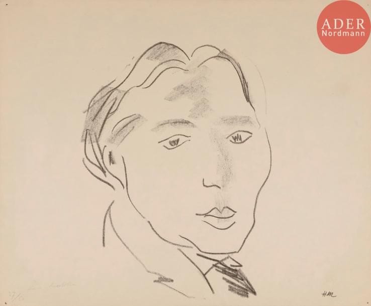 Henri MATISSE
Cortot (mondain). 1926. Autographie. 383 x 288. Duthuit-Garnaud 476. Très belle épreuve sur japon fort, numérotée et signée au crayon. Nombreux fins plis cassés, certains légèrement frottés. Petite épidermure au-dessus du monogramme. Toutes marges. Tirage à 50 épreuves.