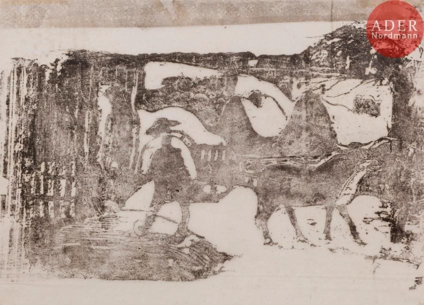 Paul GAUGUIN
 Le Char à bœufs – Souvenir de Bretagne. 1898-1899. Gravure sur bois. Feuillet : 210 x 288. Guérin 70 ; Mongan, Kornfeld et Joachim 51. Très belle épreuve sur japon pelure, ni signée ni numérotée. Double fin pli vertical de tirage en travers du sujet en tête. Fine bande grisâtre raboutée le long de la marge supérieure (d’origine ?), avec petits manques habilement restaurés. Fins plis horizontaux en pied.