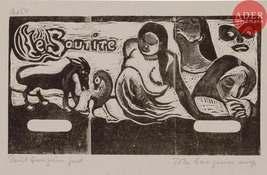 Paul GAUGUIN
 Titre pour Le Sourire. 1899. Gravure sur bois. 101 x 183. Guérin 75 ; Mongan, Kornfeld et Joachim 58 D b. Très belle et fraîche épreuve sur chine volant monté sur feuillet de vergé azuré d’origine, du tirage à 100 épreuves effectué par Pola Gauguin en 1921, annotée au crayon-encre « Paul Gauguin fait » puis « Pola Gauguin imp », et numérotée en tête à gauche. Toutes marges.