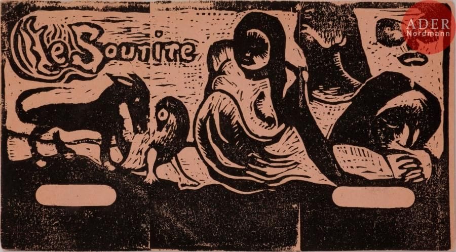 Paul GAUGUIN
 Titre pour Le Sourire. 1899. Gravure sur bois. 104 x 185. Guérin 75 ; Mongan, Kornfeld et Joachim 58. Épreuve sur vélin fort teinté vieux rose, d’un tirage postérieur (après 1928 ?), sans marges, certaines lignes affaiblies et d’autres traits épaissis, le nom de Gauguin à peine apparent sous le cartouche. Joint : autre titre pour Le Sourire. 1899-1900. Gravure sur bois. 102 x 150. Guérin 81 ; Mongan, Kornfeld et Joachim 62 D. Épreuve sur japon, d’un tirage moderne (Prague, 1961 ?), avec quelques cassures dans le bois, de nombreuses lignes épaissies. Grandes marges. Ens. 2 p.