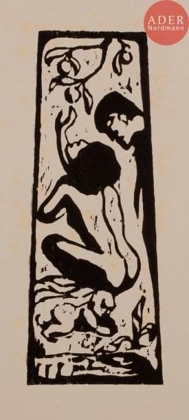 Paul GAUGUIN (attribué à)
 La Famille ; Jeune fille agenouillée ; La Petite fille. Tirages effectués sur des bois sculptés. 267 x 102 ; 260 x 70 ; 240 x 80. Mongan, Kornfeld et Joachim supplément B VII, VIII et IX. Très belles épreuves sur japon. Rousseurs claires éparses. Quelques plis de tirage et plis cassés aux bords des feuillets. Toutes marges. Ens. 3 p.